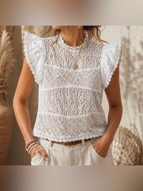 Jennifer & Grace White Lace Flutter Sleeve Cotton Blouse - Size L